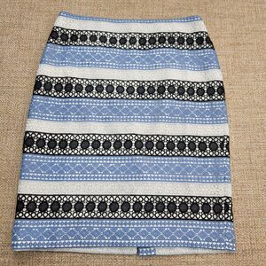 Talbots Pencil Skirt Womens Sz 6 Blue White Schiffli Lace Overlay Stripes Lined